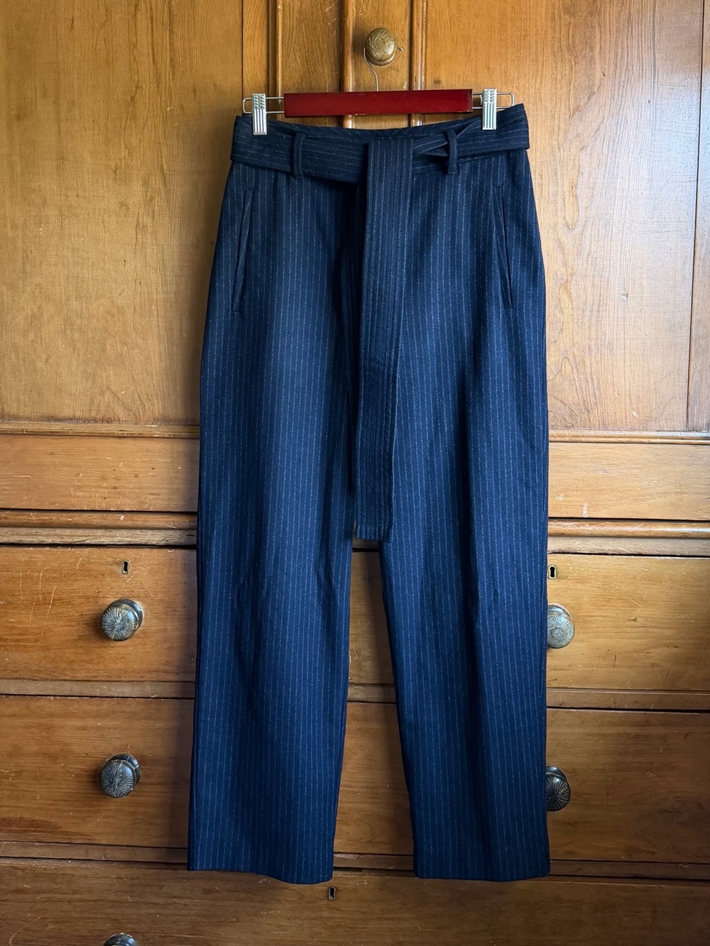 Wilfred Navy Pinstripe Belted Trousers